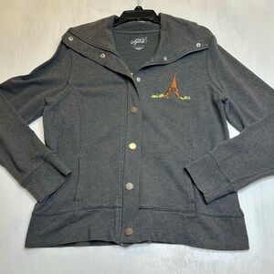 Style & Co Sport Eiffel Tower Embroidered Zip Jacket Gray Long Sleeve Womens L